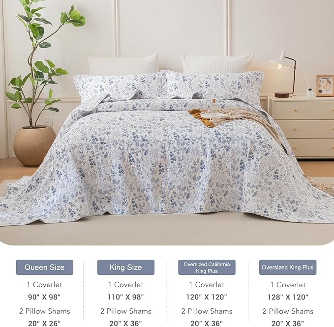 Lady Ann Oversized King Quilt Bedspreads 120x120, 3 Pcs Cotton Floral California King Size Quilt Bedding Set， Blue and White Floral & Leaves Pattern Plant Botanical Printed Quilted Coverlet Set