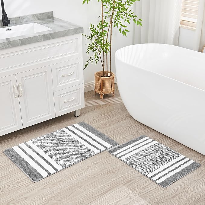 CozeCube Bath mats for Bathroom Non Slip, Fluffy Absorbent Microfiber Bath mat Washable, Aesthetic Bathroom Rugs, Small Grey Striped Bath mat, Grey, 24" x 16"