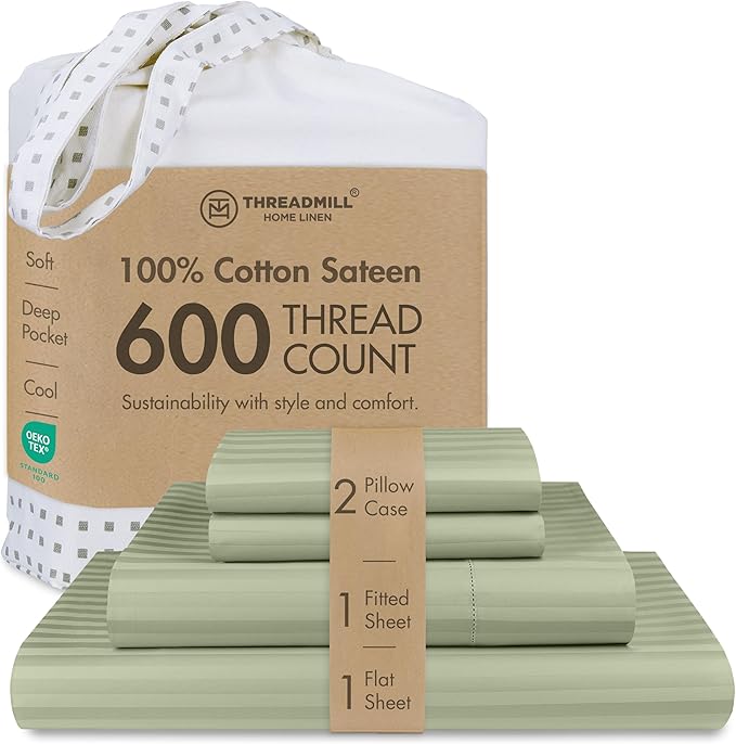 Threadmill 100% Cotton Sheets for King Size Bed - 600 Thread Count King Bed Sheets Set with 16” Deep Pocket - Damask Stripe Sateen Weave 4-Piece Bedding Set with Cooling Effect, Sage Green