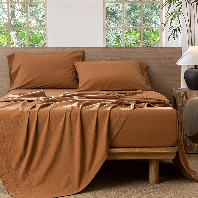MooMee Bedding Sheet Set 100% Washed Cotton Linen Like Textured Breathable Durable Soft Comfy (Solid Dark Orange, Twin)