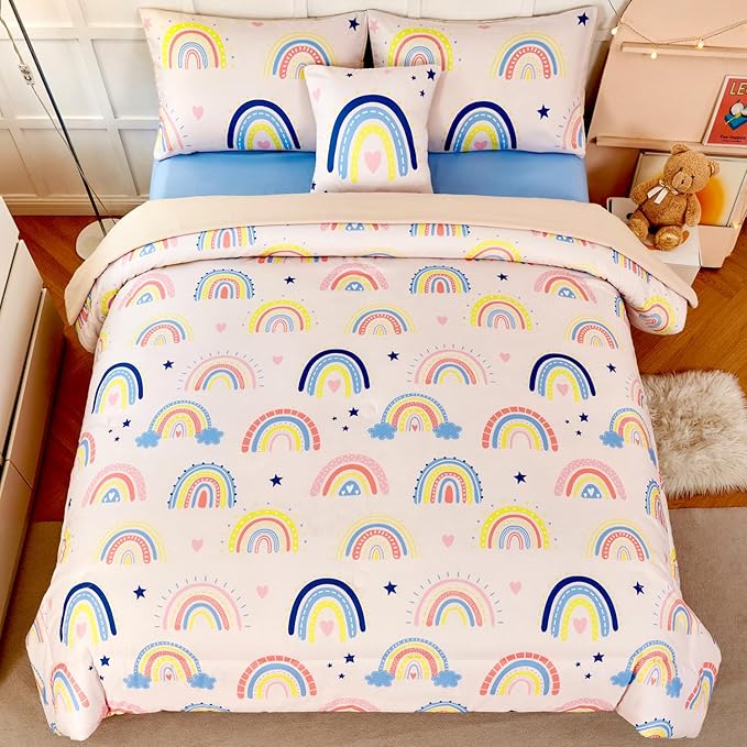 ANGIYUIN 6 Pieces Beige Rainbow Girls Comforter Set Twin Cartoon Rainbow Love Hearts and Stars Bedding Set for Girls Cute Soft Lightweight Kid Bed in A Bag with Rainbow Comforter, Sheets, Pillowcases