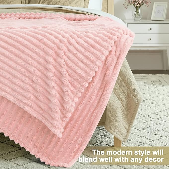 decorUhome Christmas Soft Fleece Pink Twin Blanket for Bed, Cozy Fluffy Plush Flannel Striped Throws for Couch Sofa, Lightweight Decorative Ribbed Fuzzy Blanket for Woman, 60x80 Inches