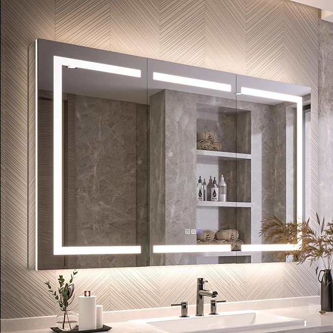 Lighted Medicine Cabinet with Mirror 54"x36" Recessed LED Medicine Cabinet Mirror, Front&Backlit, Anti-Fog, Stepless Dimming, 3-Color Temperatures, Magnifier, 2 Outlets, Storage Shelves, ETL Certified