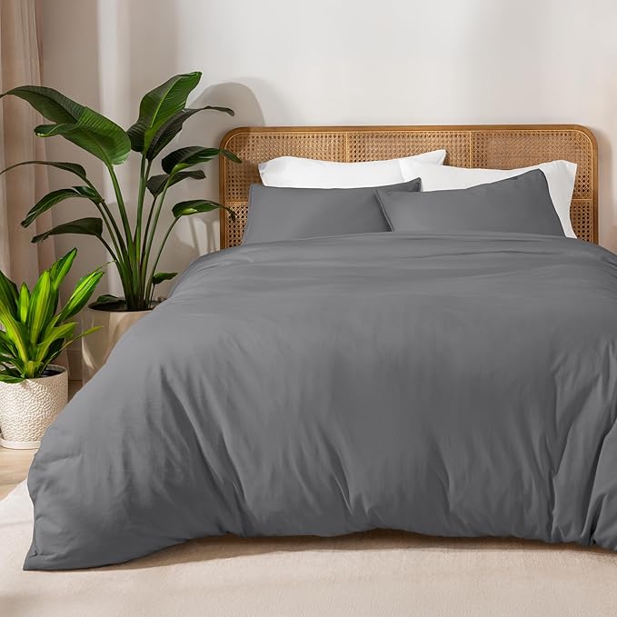 Bare Home 100% Organic Cotton Jersey Duvet Cover Set - Full/Queen Size - Ultra Soft - 100% Cotton - 3pcs - Corner Ties - Button Closure - Bedding Duvet Cover & Pillow Shams (Full/Queen, Grey)
