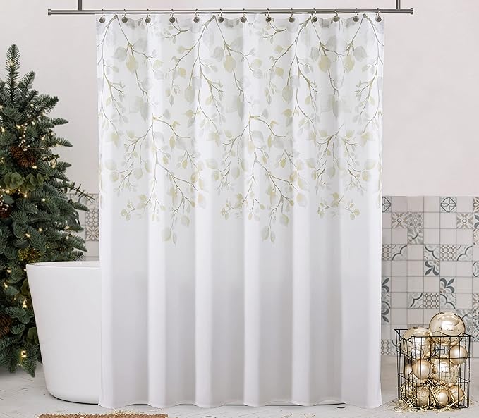 Central Park Yellow Gold Leaf Shower Curtain Water Resistant Decorative Sweeping Floral Print Canvas Bathroom Spa Hotel Shower Curtain with Buttonholes (White, 70"x72")