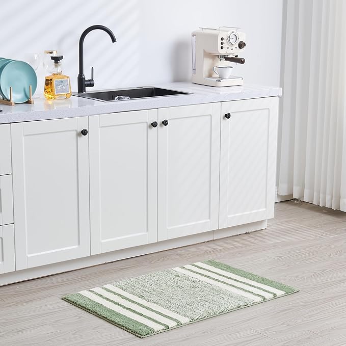 CozeCube Bath mats for Bathroom Non Slip, Fluffy Absorbent Microfiber Bath mat Washable, Aesthetic Bathroom Rugs, Small Sage Green Striped Bath mat, Sage Green, 24" x 16"