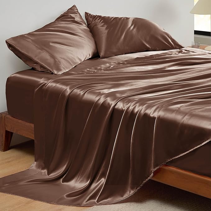 Bedsure Satin Sheets Queen Size - 4 Piece Silky Bedsheets with 15 Inches Deep Pocket Fitted Bedsheet,1 Flat Sheet, 2 Satin Pillowcases, Good for Hair & Skin (Queen, Coffee)