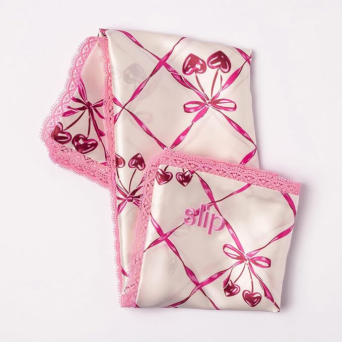 slip Queen Silk Pillowcase – Sweet Cherry Limited Edition with Lace Trim – 100% Pure Mulberry Slipsilk™ – Anti-Frizz, Anti-Crease, Anti-BedHead