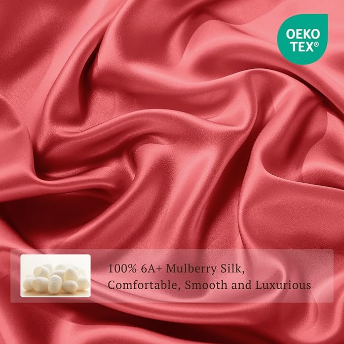 THXSILK 100% Pure Mulberry Silk Duvet Cover Set 3 Piece, 6A+ Grade Luxury Soft Bedding Silk Sheets for Hair and Skin, 1 Pcs Duvet/Quilt/Comforter Cover with 2 Zippered Pillowcases (Red, Cal. King)