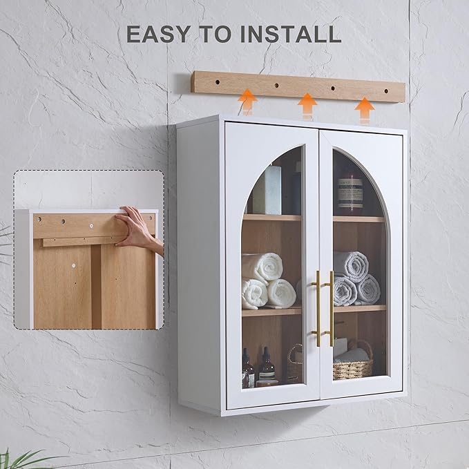 Bathroom Arched Wall Cabinet Over The Toilet Storage Cabinet, 23.6×31.4 Inch Bathroom Medicine Cabinet Wall Mount with Adjustable Shelves & Glass Door, Space Saver Wall Cabinet for Laundry,White