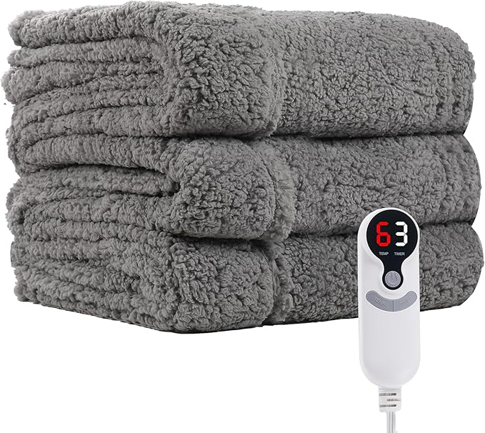 Electric Heated Blanket 6 Heating Settings & 3 H Auto Off Throw Size 50×60 Double Sided Plush Sherpa Ultra-Soft Warm Thick, Machine Washable, Fast Heating, Home Office Light Gray