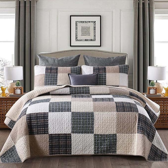 KALOOLA Patchwork King Quilt, 100% Cotton Lightweight King Size Bedspreads 3 Pieces, Tan Brown Beige King Quilt Bedding Set, Farmhouse Rustic Coverlet for All Season