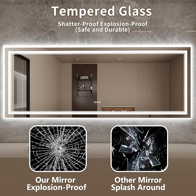 Bathroom Mirror with Lights 32"X84" with Front Light and Backlit, Tempered Glass, Wall Mount Horizontal/Vertical, Stepless Dimmable, 3 Colors, Anti Fog, Bathroom Memory LED Mirror