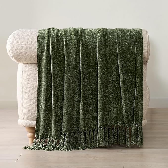 EVERGRACE Soft Chenille Throw Blanket for Couch, Cozy Plush Fuzzy Decorative Chenille Knit Throw Blanket with Tassels, Lightweight Blanket and Throws for Bed Sofa Gift Home Decor, Olive Green 60"x80"