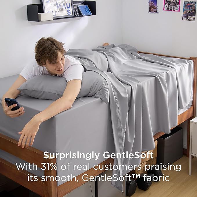 Bedsure Twin XL Sheets Dorm Bedding, GentleSoft Breathable Extra Long Twin Sheets & Pillowcases, Moisture Wicking Cooling, Deep Pocket Fits Mattress Up to 21 Inches Thick, Light Grey