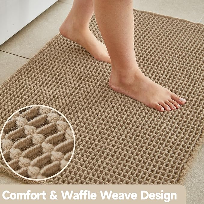 Waffle Bath Mat, Boho Bathroom Rugs Non Slip Washable Super Absorbent Quick Dry Farmhouse Bathroom Decor, 24"x16" / 1'4" x 2' Khaki