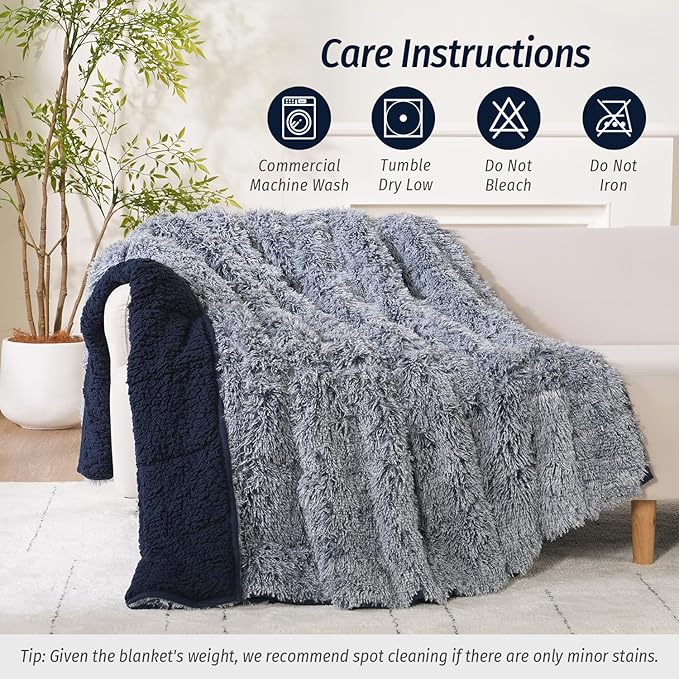 Wemore Shaggy Long Fur Faux Fur Weighted Blanket, Cozy and Plush Sherpa Long Hair Blanket for Adult 20lbs, Fluffy Fuzzy Sherpa Reverse Heavy Blanket for Bed, Couch, Backprint Navy Blue, 60 x 80 Inches