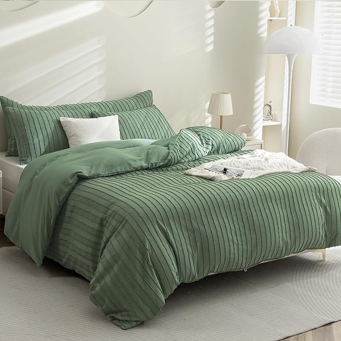 JELLYMONI Duvet Cover Queen Size Green - 3PCS Boho Striped Duvet Cover Set Polyester Tufted Bohemian Textured Comforter Cover 90×90in with Corner Ties & Zipper and 2 Pillowcases