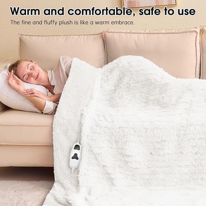 Heated Electric Blanket Throw–Faux Fur with Soft Thick Sherpa,Warm Winter Birthday Gifts for Women Grandma,10 Heat Settings,5 Time Settings with Fast Heating, 50x60, Snow Cloud