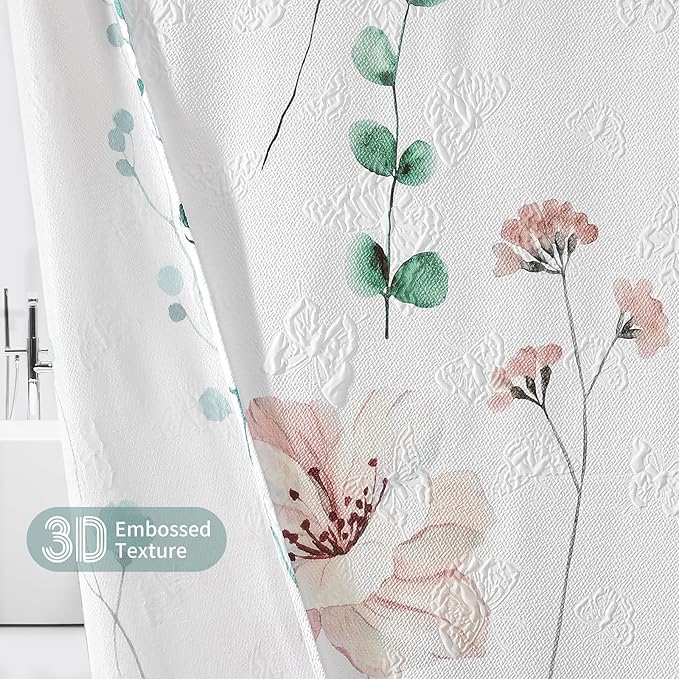 QiyI Long Shower Curtain 72 x 78, Modern Watercolor Floral Bath Curtain, 3D Embossed Sage Green Flower Cloth Bathroom Curtain, Waterproof Fabric Rustic Farmhouse Shower Curtain Set with Hooks