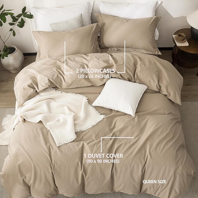 Linen Feel Duvet Cover Queen Size 90inch x 90inch,100% Washed Cotton Duvet Cover with Zipper Closure and 2 Pillowcases, Color of Mocha Brown