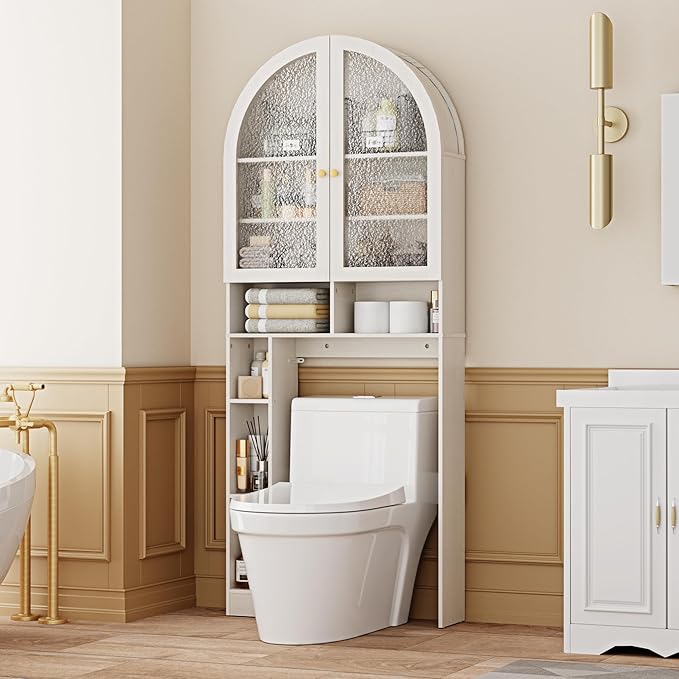 Over The Toilet Storage Cabinet, 29.7”W Modern Storage Cabinet Over Toilet with Acrylic Doors, Arched Freestanding Over Toilet Rack with Adjustable Shelf for Bathroom, Antique White