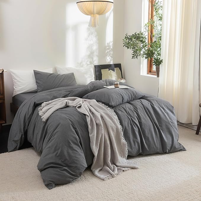 FOSSA Duvet Cover Set 100% Washed Cotton Linen Feel Super Soft Breathable Cozy 3 Pieces Bedding Sets Solid Dark Grey Oversized Queen