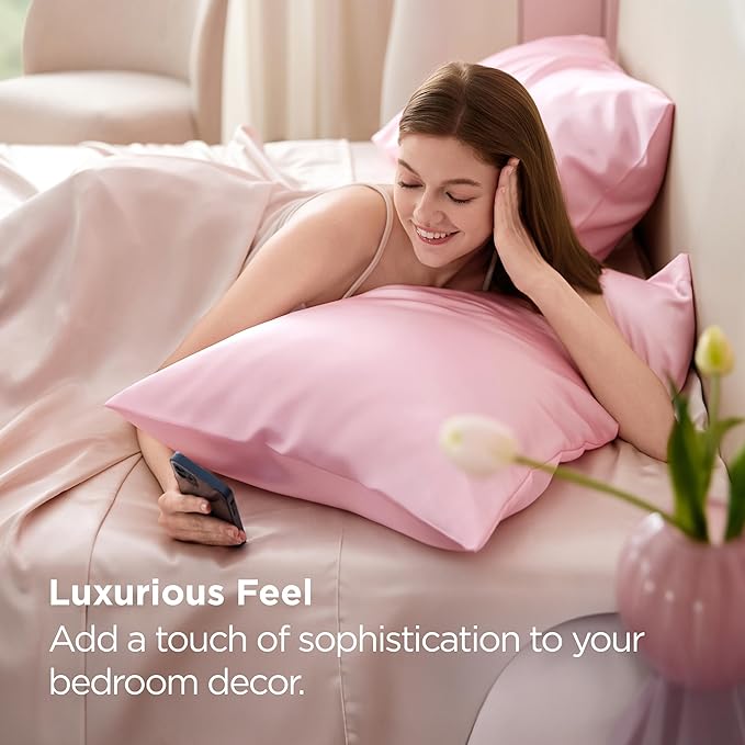 Bedsure Satin Pillowcase for Hair and Skin Queen, Similar to Silk Pillow Cases, Pillow Cases Set of 2 with Envelope Closure, Pink Christmas Room Decor Essentials for Girls, 20x30 Inches, 2pcs