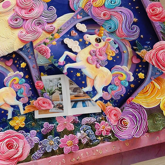 Pink Purple Rainbow Unicorn Flower Comforter Set Queen for Kids Girls，Girls Unicorn and Rainbows Bedding Sets Queen，with 1 Comforter with 2 Pillow Case，Unicorn Bedroom Decor and Bedding Set