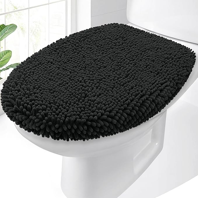 OLANLY Soft Chenille Bathroom Toilet Lid Cover, Machine Washable Seat Covers, 17.5x15, Stays in Place Rubber Backing, Fits Most Round, Elongated and Oblong Lids, Accessories Decor, Black