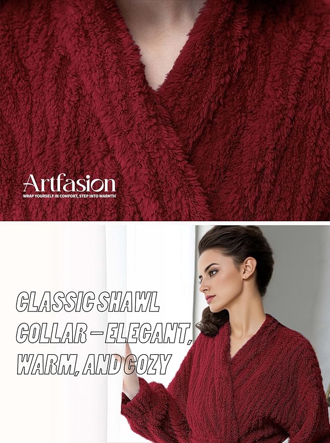 Artfasion Womens Long Fleece Robe - Warm Soft Floor Length Flannel Bathrobes for Winter Thicker Long House Coat with Pockets