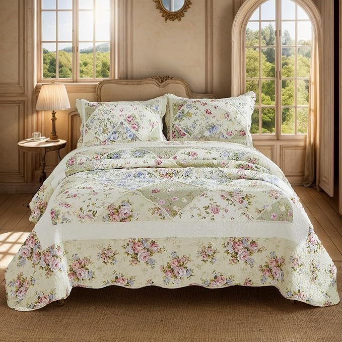 Brandream Patchwork Quilts Cotton Queen Size Country Rustic Rose Floral Bedding Coverlet Set 3-Piece Pale Yellow