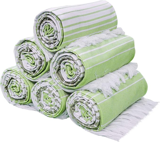 Native Fab Beach Towels Set - Green Striped Hammam Towel - 6 Pack - 40"x71" - Quick Dry, Absorbent, Thin, Sand Resistant - 100% Cotton Turkish Towel for Adults, Bath, Pool - Green and White