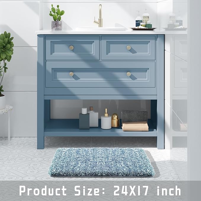 Yimobra Bathroom Rugs Non Slip Washable, Ultra Soft and Water Absorbent Bath Mats, Plush Fluffy Shower Mat Outside, Microfiber Thick Matts for Bathroom Floor/Sink, 24x17, Denim Blue and White