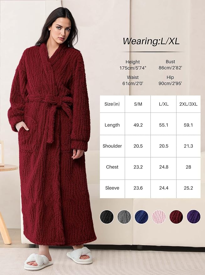 Artfasion Womens Long Fleece Robe - Warm Soft Floor Length Flannel Bathrobes for Winter Thicker Long House Coat with Pockets