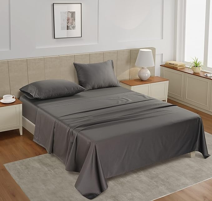 LANE LINEN Twin Bed Sheets – 450 Thread Count 100% Mercerized Cotton, Soft & Cooling Sateen Weave, 15” Deep Pocket Fully Elasticized Fitted Sheet, Luxury Hotel Bedding, Charcoal