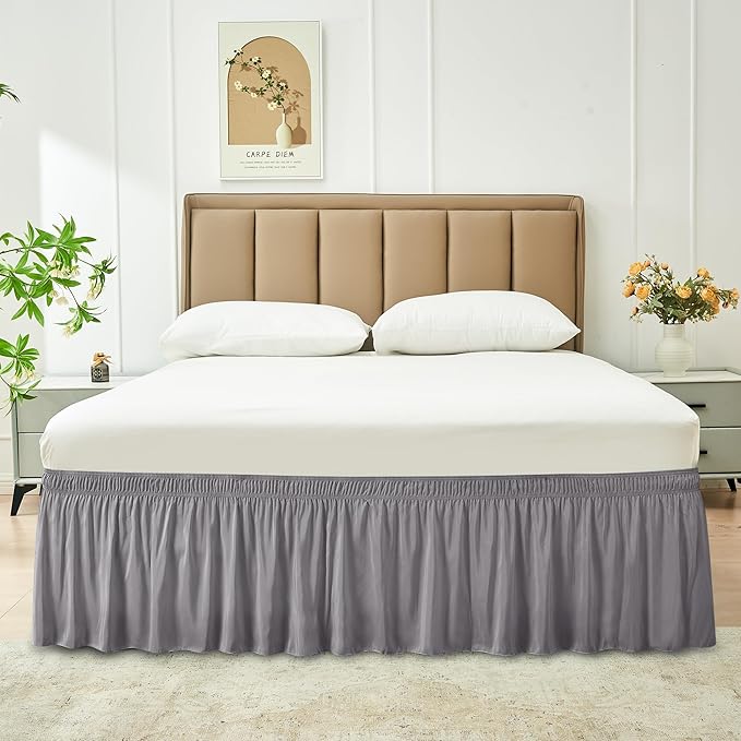 Biscaynebay Wrap Around Bed Skirts for Full & Full XL Beds 15" Drop, Silver Grey Adjustable Elastic Dust Ruffles Easy Fit Wrinkle & Fade Resistant Silky Luxurious Fabric Machine Washable