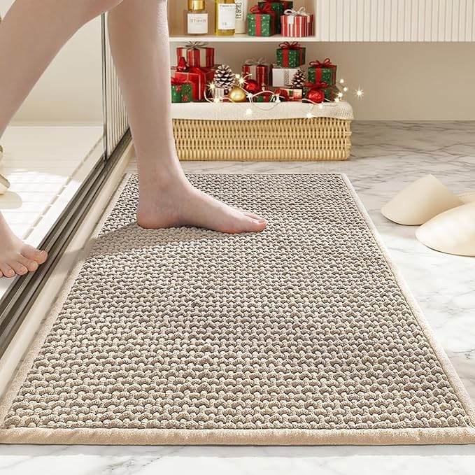 Bathroom Rugs Non Slip Washable, Super Absorbent Thin Bath Mat for Small Quick Dry Low Pile Bathroom Rug, (Khaki, 36″x24″)