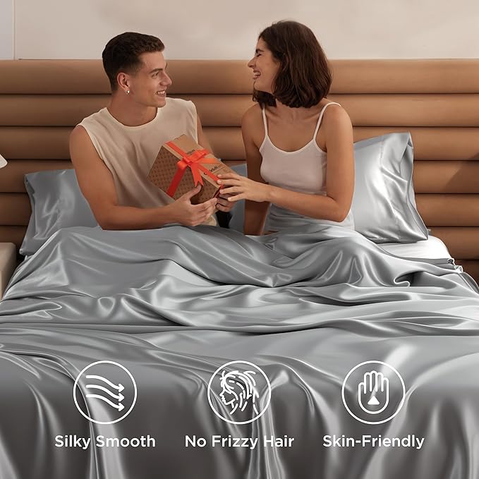 Bedsure Satin Sheets Twin Size - 3 Piece Silky Bedsheets with 15 Inches Deep Pocket Fitted Bedsheet,1 Flat Sheet, 1 Satin Pillowcase, Good for Hair & Skin (Twin, Silver Grey)