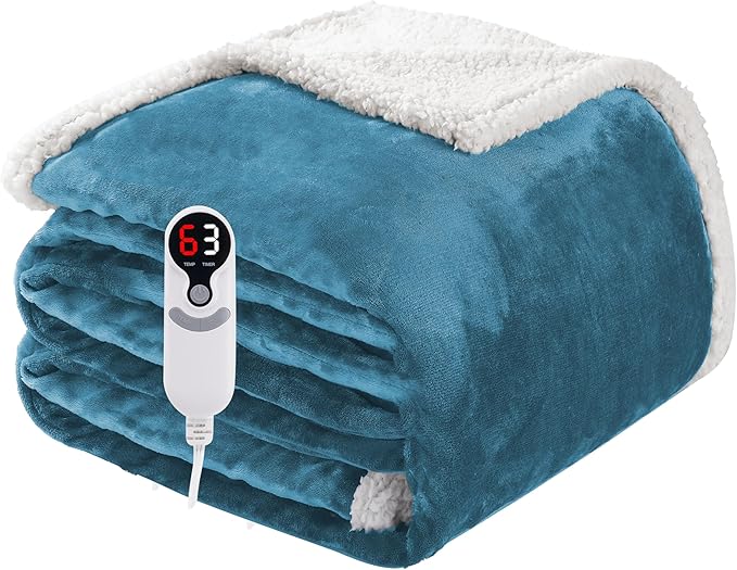 Electric Heated Blanket Twin Size 62"x84", Soft Flannel with Overheat Protection, 6 Adjustable Heat Settings & 10-Hour Auto-Off Timer, Fast Heating for Winter Comfort, Blue
