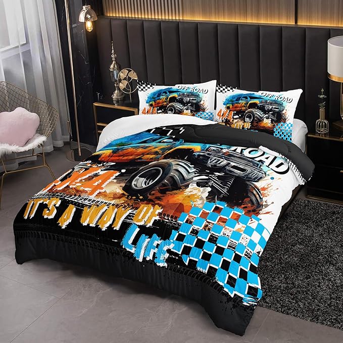 Off Road Truck Comforter Full Size for Boy，Off Road Truck Bedding Full Size，with 1 Comforter with 2 Pillow Case，Off Road Truck Bedroom Decor