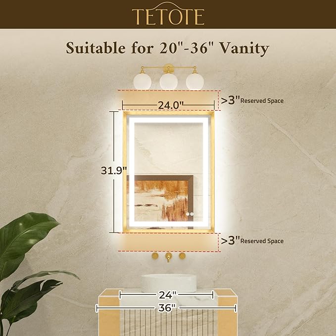 TETOTE 24 x 32 Bathroom LED Mirror Brushed Bright Nickel Metal Frame Frontlit & Backlit Vanity Mirror Anti-Fog Stepless Dimmable 3 Colors White/Warm/Natural Mirror with Lights Wall-Mounted