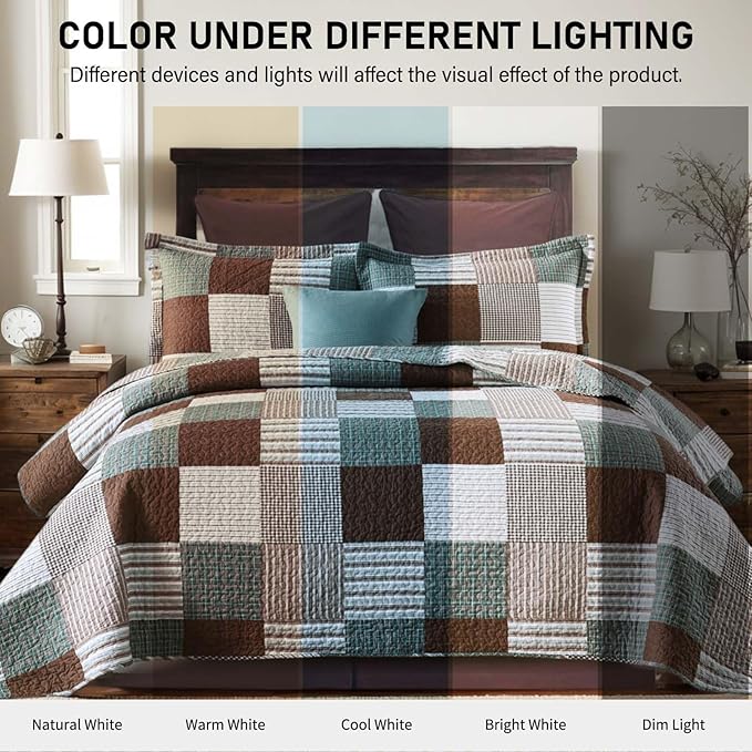 KALOOLA Plaid King Size Quilt Set, 100% Cotton Lightweight Quilted Bedspread with 2 Pillowshams for King Bed, Farmhouse Printed Bedding Set Coverlet for All Season, 3Pcs, Brown/Green
