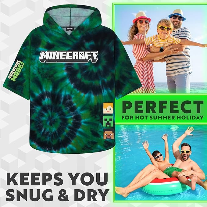 Minecraft Towelling Poncho Kids Teens Hooded Bath Towels Absorbent Beach Towel (Multi Tie Dye, 6-9 Years)