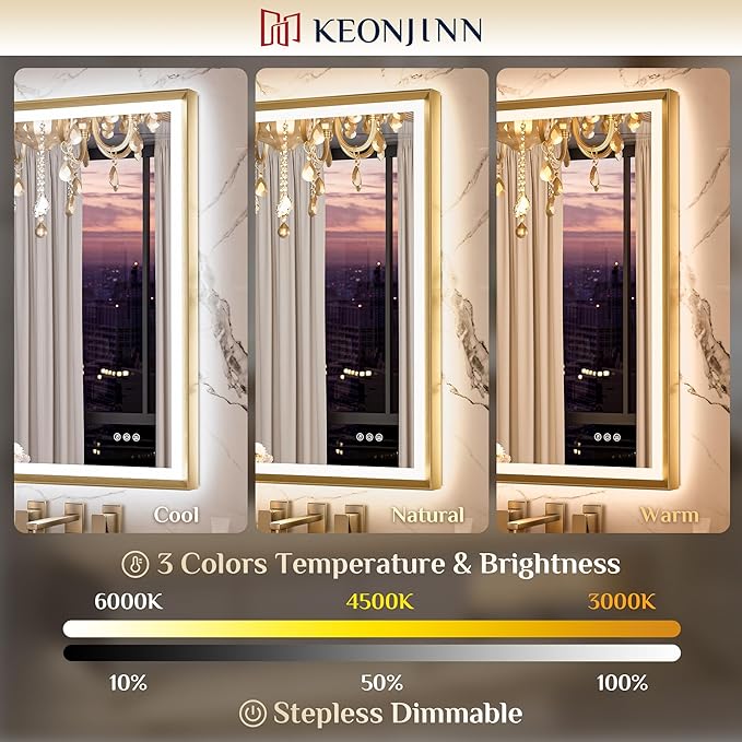 Keonjinn Gold LED Bathroom Mirror 48 x 30 Inch, Frontlit & Backlit Mirror with Metal Framed,Vanity Mirror with Stepless 3 Colors Lights, Anti Fog, UL-Listed LED Driver, HD Tempered Glass