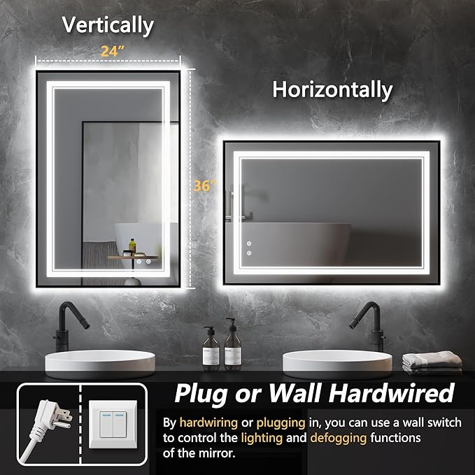LED Bathroom Mirror with Front and Backlit 24"x36", Black LED Mirror for Bathroom,Dual LED Strips, Fogless, Dimmable, 3 Color Changing, Shatterproof, Horizontal/Vertical