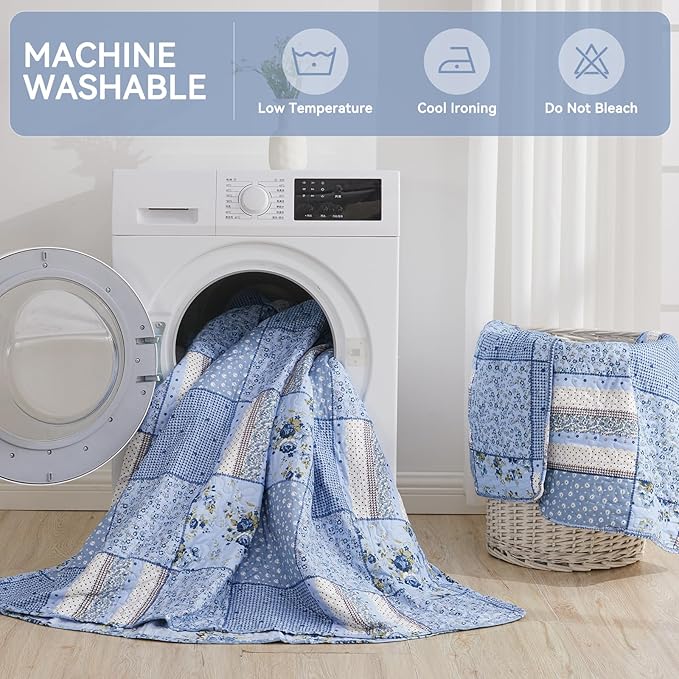 ENJOHOS 128x120 California King Quilt Sets Oversized, 3 Pcs Blue Plaid Floral Cal King Bedspread Coverlet Set for All Seasons, Patchwork Reversible Bedding Set
