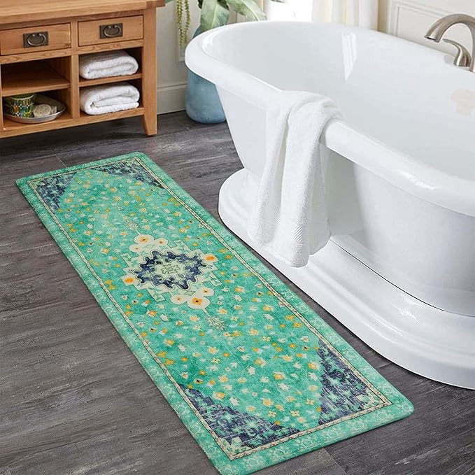 Uphome Retro Long Boho Rug Green Non-Slip Soft Bathroom Rug Runner Machine Washable Oriental Bathroom Mats Traditional Farmhouse Floral Bath Rug for Shower Tub Vanity, 20x59 inch