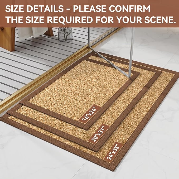 Non Slip Bath Mat Bathroom Rugs, Soft Jute-Like Ultra Thin Bath Mats, Rubber Backing Super Absorbent Quick Dry Bath Rug Shower Mat Fit Under Door Bathroom Floor, Machine Washable, Brown 16"x24"