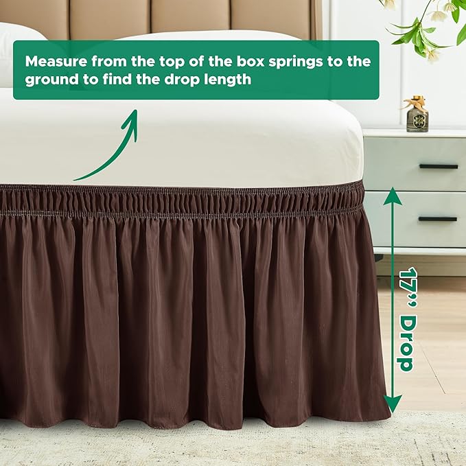 Biscaynebay Wrap Around Bed Skirts for Queen Beds 17" Long Drop, Brown Adjustable Elastic Dust Ruffles Easy Fit Wrinkle & Fade Resistant Silky Luxurious Fabric Solid Machine Washable